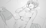  1boy 1girl akiyama_yoshiko blush breasts cellphone earrings em_(totsuzen_no_hakike) girl_on_top girls_und_panzer greyscale hetero indoors iphone jewelry large_breasts monochrome navel navel_piercing necklace nipple_piercing nipples nude open_mouth phone piercing pussy sex short_hair smartphone smile vaginal 