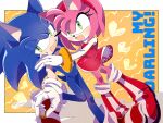  1boy 1girl 6v6_1212 amy_rose boots dress furry furry_female furry_male gloves green_eyes heart hug looking_at_another looking_to_the_side open_mouth red_dress red_footwear sonic_(series) sonic_the_hedgehog standing sweat white_gloves 