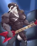 absurd_res anthro balls bodily_fluids bottomwear clothing dripping electric_guitar electronics erection game_freak generation_8_pokemon genital_fluids genitals gold_(metal) gold_jewelry gold_necklace guitar hi_res jewelry looking_at_viewer maldu male muscular muscular_male musical_instrument necklace nintendo nude nude_male obstagoon open_shorts pants penis plucked_string_instrument pokemon pokemon_(species) poking_out precum precum_drip shorts solo spotlights static string_instrument television vein veiny_penis