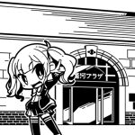  1girl arm_at_side blunt_bangs bow bowtie building cevio chibi commentary_request contrapposto glass_door greyscale jacket long_hair long_sleeves looking_at_viewer lowres monochrome moyasiwhite natsuki_karin open_clothes open_jacket open_mouth otaru_(hokkaido) outdoors pleated_skirt pointing pointing_forward real_world_location second-party_source shirt skirt sliding_doors smile solo standing synthesizer_v thighhighs twintails 