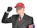  1boy american_flag american_flag_print armband black_cat03 black_coat black_gloves blonde_hair blue_eyes clenched_hand coat collared_shirt donald_trump flag_print gloves highres make_america_great_again male_focus necktie qanon real_life red_headwear red_necktie shirt simple_background solo white_background white_shirt 