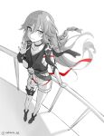  1girl artist_name belt black_choker black_shirt breasts chinese_clothes choker clothing_cutout dragon_print fu_hua fu_hua_(night_squire) fu_hua_(rustic_noir) full_body greyscale hair_between_eyes highres honkai_(series) honkai_impact_3rd light_smile long_hair looking_at_viewer low-cut_armhole monochrome multiple_belts official_alternate_costume red_rope rope shirt shoes shorts side_cutout simple_background sleeveless sleeveless_shirt small_breasts solo thighs white_background white_shorts yuhuria_52 