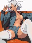  1girl :p aqua_eyes asticassia_school_uniform blue_jacket blue_shorts breasts candy couch dark-skinned_female dark_skin food grey_hair gundam gundam_suisei_no_majo hair_tuft highres holding holding_candy holding_food holding_lollipop jacket knee_up large_breasts lollipop long_sleeves looking_at_viewer mizuno374 navel no_bra on_couch open_clothes open_jacket open_shorts parted_lips saliva saliva_trail school_uniform secelia_dote short_hair short_shorts shorts shoulder_boards sitting thighhighs tongue tongue_out twitter_username white_background white_nails white_thighhighs 