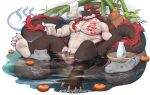  1boy abs absurdres bamboo bara bark_rubber bathing beard capybara cloaca completely_nude cup dragon_(any) dragon_boy dragon_ears facial_hair feet food food_on_head fruit_on_head full_beard full_body furry furry_male goatee highres large_areolae large_pectorals looking_at_viewer male_focus mature_male muscular muscular_male nipples nude object_on_head original partially_submerged pectorals red_hair sakazuki second-party_source soles solo stomach strongman_waist thick_eyebrows thick_thighs thighs 