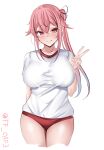  1girl :d absurdres alternate_breast_size blue_hair blush breasts buruma commentary_request gradient_hair gym_shirt gym_uniform hair_ornament hair_ribbon harusame_(kancolle) highres kantai_collection large_breasts long_hair looking_at_viewer multicolored_hair pink_hair red_buruma red_eyes ribbon shirt short_sleeves side_ponytail simple_background smile solo tf_cafe twitter_username v white_background white_shirt 