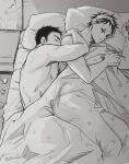  2boys absurdres aikawa_(dorohedoro) bara bedroom blanket closed_eyes colored_tips couple covering_privates dorohedoro facial_mark florbetriz from_above from_side greyscale highres male_focus medium_sideburns monochrome multicolored_hair multiple_boys no_eyebrows nude_cover risu_(dorohedoro) sleeping thick_eyebrows toned toned_male under_covers yaoi 