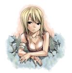  1girl bandaged_arm bandages blonde_hair brown_eyes closed_mouth fairy_tail fairy_tail_logo hand_tattoo long_hair looking_at_viewer mashima_hiro red_shirt sando shirt simple_background solo standing tattoo upper_body white_background 