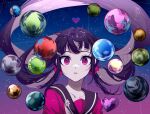  1girl ball black_hair black_sailor_collar brown_hair collarbone d: danganronpa_(series) danganronpa_v3:_killing_harmony hair_ornament hair_up hairclip harukawa_maki heart long_hair looking_at_viewer mole mole_under_eye pink_shirt red_eyes sailor_collar shirt shouju_(chirimencandy) solo starry_background very_long_hair 