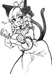  1girl absurdres ahoge animal_ear_fluff animal_ears blush bow braid cat_ears cat_girl cat_tail dress greyscale hair_bow highres juliet_sleeves kaenbyou_rin leaning_forward long_sleeves looking_at_viewer monochrome multiple_tails nekomata pointy_ears puffy_sleeves qwas69 side_braids sketch solo tail touhou twin_braids two_tails 