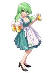  1girl absurdres alcohol beer beer_mug black_footwear blush breasts cleavage collarbone commentary_request cup dirndl dress frog_hair_ornament full_body german_clothes green_dress green_eyes green_hair hair_between_eyes hair_ornament high_heels highres hiyaya_(kochi_michikaze) holding holding_cup kochiya_sanae large_breasts long_hair looking_at_viewer mug open_mouth short_sleeves smile solo touhou transparent_background 