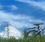  bicycle bicycle_seat blue_sky cloud cumulonimbus_cloud day drawfag grass lowres no_humans oekaki original outdoors plant sky 