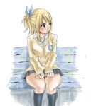  1girl black_socks blazer blonde_hair brown_eyes chair closed_mouth fairy_tail hair_ornament jacket long_hair long_sleeves looking_to_the_side lucy_heartfilia mashima_hiro school_uniform simple_background sitting skirt socks solo 