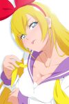  1girl blonde_hair blue_eyes bow bow_hairband breasts cleavage collarbone dokidoki!_precure fuchi_(nightmare) hair_bow hairband highres huge_bow large_breasts long_hair neckerchief oogai_daiichi_middle_school_uniform precure purple_sailor_collar red_bow regina_(dokidoki!_precure) sailor_collar school_uniform simple_background smile solo tongue tongue_out upper_body white_background yellow_neckerchief 