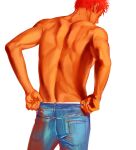  1boy back back_focus back_muscles black_eyes clothes_pull cowboy_shot denim highres jeans jewelry male_focus mukur_sd necklace pants pants_pull pulled_by_self red_hair sakuragi_hanamichi short_hair simple_background slam_dunk_(series) solo toned toned_male topless_male white_background 