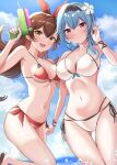  2girls absurdres alternate_costume amber_(genshin_impact) armpits ass_visible_through_thighs bare_shoulders bikini black_hairband blue_hair blue_sky blush breasts brown_hair clenched_teeth cloud collarbone cowboy_shot day eula_(genshin_impact) flower front-tie_bikini_top front-tie_top genshin_impact hair_between_eyes hair_flower hair_ornament hair_ribbon hairband halterneck hand_up highres holding holding_water_gun large_breasts leg_up linea_alba long_hair looking_at_viewer medium_breasts medium_hair multiple_girls navel ocean open_mouth purple_eyes red_bikini ribbon side-tie_bikini_bottom sidelocks sky spaghetti_strap stomach string_bikini swimsuit teeth thigh_gap two-tone_bikini upper_teeth_only water_drop water_gun white_bikini wrist_straps yashita_saki yellow_eyes 