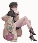  1girl bag black_headwear black_sweater breasts brown_eyes brown_hair colored_inner_hair covered_mouth dress fur_jacket handbag high_heels jacket lace_socks love_letter multicolored_hair natsume_koji original simple_background sitting solo sweater sweater_dress white_background 