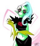 bottomwear breasts clothed clothing disney eyebrows eyelashes female fingers freckles gloves green_body green_skin hair half-length_portrait handwear hardtones hi_res humanoid humanoid_pointy_ears long_hair lord_dominator midriff navel noseless not_furry pink_sclera portrait signature solo topwear wander_over_yonder
