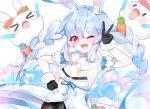  1girl ;d animal_ear_fluff animal_ears black_gloves braid breasts carrot_hair_ornament cleavage don-chan_(usada_pekora) double_v food-themed_hair_ornament fur-trimmed_gloves fur_trim gloves hair_ornament hololive long_hair looking_at_viewer medium_breasts multicolored_hair one_eye_closed open_mouth pekomon_(usada_pekora) playboy_bunny rabbit_ears rabbit_girl red_eyes shitsu_(kurikaesi) short_eyebrows smile thick_eyebrows twin_braids twintails two-tone_hair usada_pekora usada_pekora_(1st_costume) v virtual_youtuber white_hair 