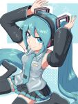  1girl aqua_eyes aqua_hair aqua_nails aqua_necktie bare_shoulders black_sleeves detached_sleeves digiral grey_shirt hair_ornament hatsune_miku headphones headset highres long_hair necktie shirt skirt sleeveless smile solo twintails very_long_hair vocaloid 