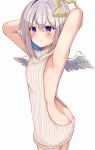  1girl amane_kanata angel_wings armpits arms_behind_head ass blue_hair butt_crack colored_inner_hair grey_hair highres hololive looking_at_viewer meme_attire multicolored_hair purple_eyes short_hair simple_background solo sweatdrop virgin_killer_sweater virtual_youtuber white_background wings yurimaru00 