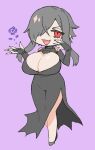  1girl ariesuzu_(ariessz) black_dress breasts bridal_gauntlets chibi dress fang flower grey_hair hair_over_one_eye huge_breasts original purple_background purple_flower purple_rose red_eyes rose side_slit simple_background skin_fang smile solo 