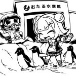  1girl aquarium bird bow bowtie building cevio closed_eyes commentary_request double_bun flipped_hair following greyscale hair_bun jacket jacket_over_hoodie koharu_rikka lowres mascot monochrome moyasiwhite open_clothes open_jacket otaru_(hokkaido) outdoors outline outstretched_arms penguin pleated_skirt real_world_location second-party_source short_hair skirt smile snow socks solo spread_arms statue synthesizer_v v-shaped_eyebrows walking 