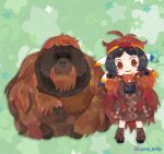  1girl animal black_hair boots bow bowtie brown_dress brown_eyes dress feathers full_body green_background hat japari_symbol kemono_friends kikuchi_milo long_hair looking_at_viewer orangutan orangutan_(kemono_friends) simple_background star_(symbol) 