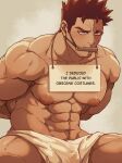  1boy abbbby_28 abs arms_behind_back bara blue_eyes boku_no_hero_academia burn_scar endeavor_(boku_no_hero_academia) english_text gag gagged highres large_pectorals male_focus mature_male muscular muscular_male navel nipples pectorals red_eyes red_hair scar scar_on_face short_hair sign simple_background solo towel towel_around_waist white_towel 