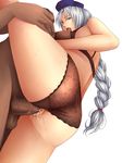  black_bra black_panties blue_eyes bra braid dark_skin dark_skinned_male hat interracial lingerie long_hair masa_(masa0430) nurse_cap panties panties_aside penis pussy sex silver_hair solo_focus touhou uncensored underwear underwear_only vaginal yagokoro_eirin 