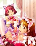  animal_ears bare_shoulders bow breasts brown_eyes brown_hair cat_ears cream detached_sleeves drooling food fruit futa_with_female futanari hair_bow highres large_breasts long_hair looking_back multiple_girls nekomata_naomi open_mouth original panties panties_aside penis red_eyes red_hair short_hair strawberry thighhighs tongue underwear 