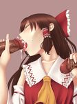  bow brown_hair closed_eyes cum cum_in_mouth cum_on_tongue detached_sleeves double_handjob ejaculation fellatio group_sex hair_bow hakurei_reimu handjob long_hair masa_(masa0430) multiple_penises oral penis solo_focus tongue touhou 