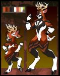  2018 5_fingers anthro antlers biceps biped black_border black_eyebrows black_fur black_hooves border brown_background brown_fur brown_sclera brown_tail cervine chibi cittyy color_swatch digital_media_(artwork) eyebrows eyes_closed fur green_eyes hi_res hooves horn looking_at_viewer maheegan male mammal model_sheet multicolored_fur multicolored_tail muscular muscular_male nude pecs simple_background smile solo tan_horn two_tone_tail white_fur white_tail 