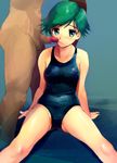 anshinmama bad_id bad_pixiv_id censored copyright_request green_eyes green_hair mosaic_censoring one-piece_swimsuit penis penis_on_face short_hair solo_focus spread_legs swimsuit 