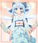  (9) +_+ 1girl ahoge alternate_costume blue_bow blue_eyes blue_hair blue_kimono bow cirno commentary_request do_(4-rt) eyebrows_visible_through_hair eyes_visible_through_hair facial_mark fang fang_out hair_bow highres ice ice_wings japanese_clothes kimono looking_at_viewer obi paddle pig print_kimono sash short_hair smile snowflake_print solo sparkle touhou translation_request v-shaped_eyebrows wide_sleeves wings 