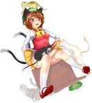  animal_ears bad_id bad_pixiv_id box breasts brown_hair cat cat_ears cat_tail censored chen covered_nipples dutch_angle earrings full_body futanari jewelry keikouon mary_janes mikan_box multiple_tails on_box penis pointless_censoring shoes short_hair simple_background sitting sitting_on_box skirt skirt_lift small_breasts solo tail testicles touhou trembling yellow_eyes 