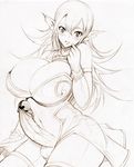  animal_ears breasts censored cleavage futanari gloves graphite_(medium) heart heart_censor huge_breasts huge_penis ichimatsu_(anaumemondai) long_hair monochrome original penis pointless_censoring pointy_ears sketch solo testicles traditional_media wide_hips 