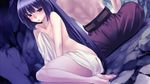  agarest_senki agarest_senki_(series) back back-to-back bangs barefoot belt black_hair blunt_bangs blush covering dutch_angle embarrassed feet flat_chest hime_cut hirano_katsuyuki ladius_(agarest_senki) long_hair nude_cover official_art on_ground onsen open_mouth pants rock shirtless sitting solo_focus thick_thighs thighs towel very_long_hair wet yayoi_(agarest_senki) 