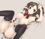  arutoria black_legwear breasts brown_hair large_breasts lying maid maid_headdress navel on_back original pointy_ears red_eyes ribbon solo thighhighs 