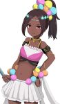  1girl absurdres bare_shoulders black_shorts brown_hair crop_top dark-skinned_female dark_skin fire_emblem fire_emblem_engage hair_ornament hand_on_own_hip highres holding looking_at_viewer navel patty_ojisan ponytail red_eyes shorts shorts_under_skirt skirt smile solo star-shaped_pupils star_(symbol) symbol-shaped_pupils timerra_(fire_emblem) white_background white_skirt 