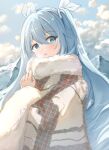  1girl :o blue_eyes blue_hair blue_sky blush ccharles801 cloud cloudy_sky day from_side grey_shawl hair_between_eyes hatsune_miku highres long_hair long_sleeves looking_at_viewer mountain open_mouth outdoors scarf shawl sidelocks sky solo twintails upper_body very_long_hair vocaloid white_scarf white_shawl 