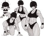  1girl abs absurdres ahoge ankleband black_hair black_panties black_sports_bra breasts chibi cleavage_cutout clothing_cutout fighting_stance greyscale hair_over_eyes hand_on_ground highres knees large_breasts monochrome muscular muscular_female original panties short_hair signature sketch smile speedl00ver sports_bra sports_panties thick_thighs thighs tomboy underwear veins wristband 