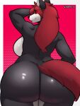 anthro big_butt breasts butt canid canine canis curvy_figure female fur grey_body grey_fur hair looking_at_viewer looking_back mammal mrdexxxs nude raised_arm red_background red_eyes red_hair red_tail simple_background smile solo tail thick_thighs voluptuous wolf