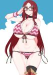  1girl absurdres bikini blush breasts cleavage curvy glasses highres huge_breasts large_breasts long_hair minerva_victor non-web_source red_hair salute senjou_no_valkyria_(series) senjou_no_valkyria_4 side-tie_bikini_bottom swimsuit thighs 