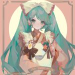  1girl apron aqua_eyes aqua_hair closed_mouth hair_ornament hatsune_miku highres holding holding_ladle japanese_clothes kimono ladle long_hair maid_apron pink_background simple_background solo twintails upper_body vocaloid wide_sleeves xi_xishao yuki_miku 