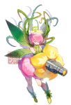  closed_eyes digimon dress fairy fairy_wings green_footwear highres holding_cannon lilimon multiple_wings pink_dress plant_hair simple_background sleeveless sleeveless_dress thorns white_background wings youzaiyouzai112 