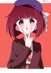  1girl absurdres arima_kana beret bob_cut brown_vest hat hat_ribbon highres inverted_bob looking_at_viewer open_mouth oshi_no_ko purple_headwear red_background red_eyes red_hair ribbon short_hair simple_background solo upper_body v vest white_gorilla_(okamoto) 