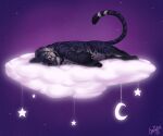 2024 ambiguous_gender blue-grey_fur cloud cozy crescent_moon decoration felid feral gaikotsu glowing hi_res lying mammal moon night on_side pantherine pink_nose raised_tail realistic_feral signature sky sleeping solo sparkling_character star striped_body stripes surreal tail tiger