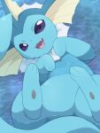 ambiguous_gender blue_body eeveelution feral fin generation_1_pokemon hi_res lying nintendo on_back open_mouth open_smile pokemon pokemon_(species) purple_eyes quadruped rumine smile solo vaporeon yellow_body