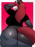 anthro big_butt breasts butt canid canine canis clothed clothing curvy_figure female fur grey_body grey_fur hair looking_at_viewer looking_back mammal mrdexxxs raised_arm red_background red_eyes red_hair red_tail simple_background smile solo tail thick_thighs voluptuous wolf