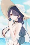  1girl arm_up black_hair blue_archive braid breasts flower from_side hair_over_one_eye halterneck hand_on_own_chin hat hat_flower hat_ribbon highres hinata_(blue_archive) hinata_(swimsuit)_(blue_archive) large_breasts looking_to_the_side no_halo official_alternate_costume one-piece_swimsuit oneline red_eyes ribbon single_braid solo sun_hat swimsuit wet wet_clothes wet_swimsuit 